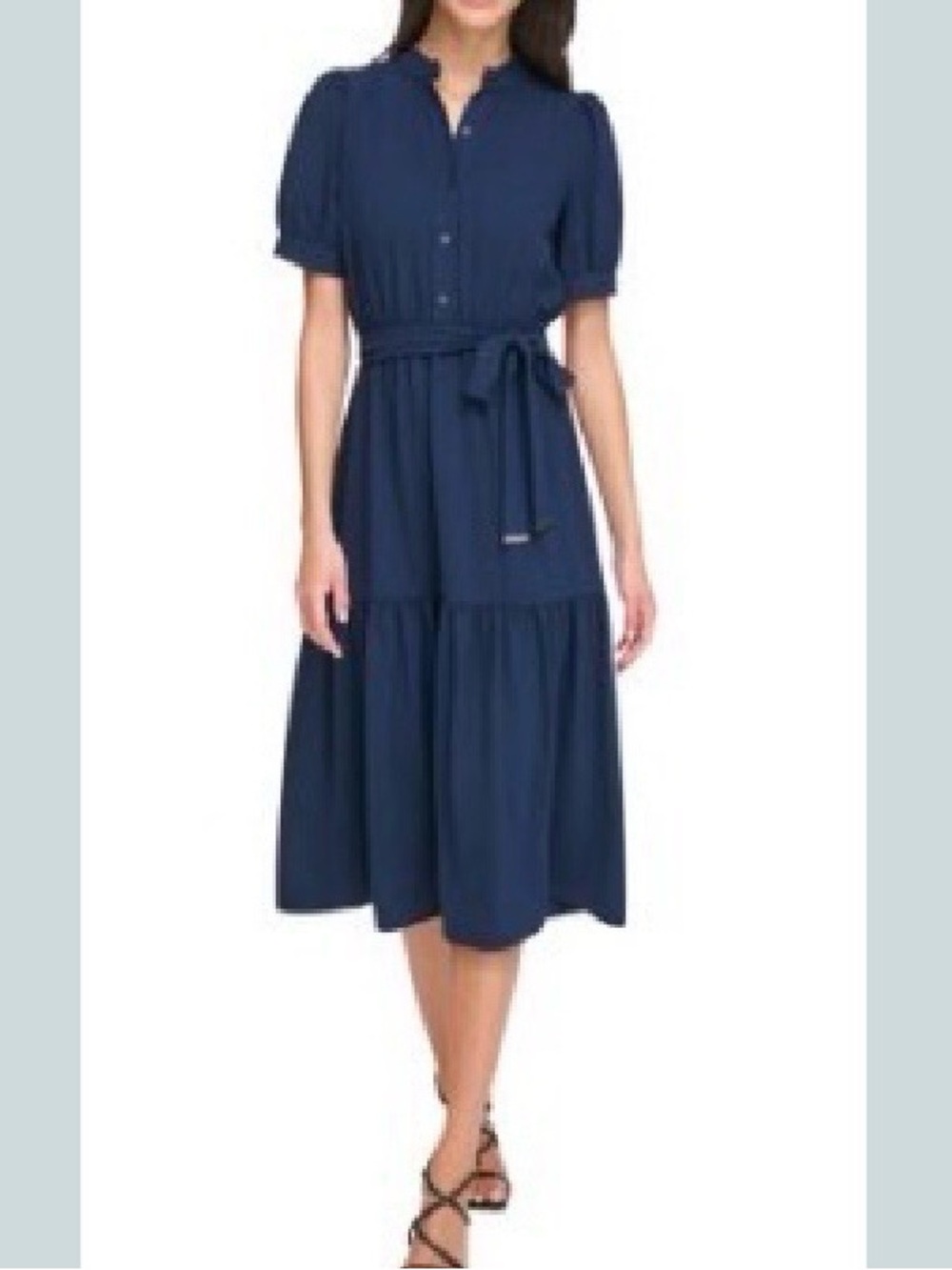 DKNY women’s short sleeve V-neck tie waist fit and flare dress.